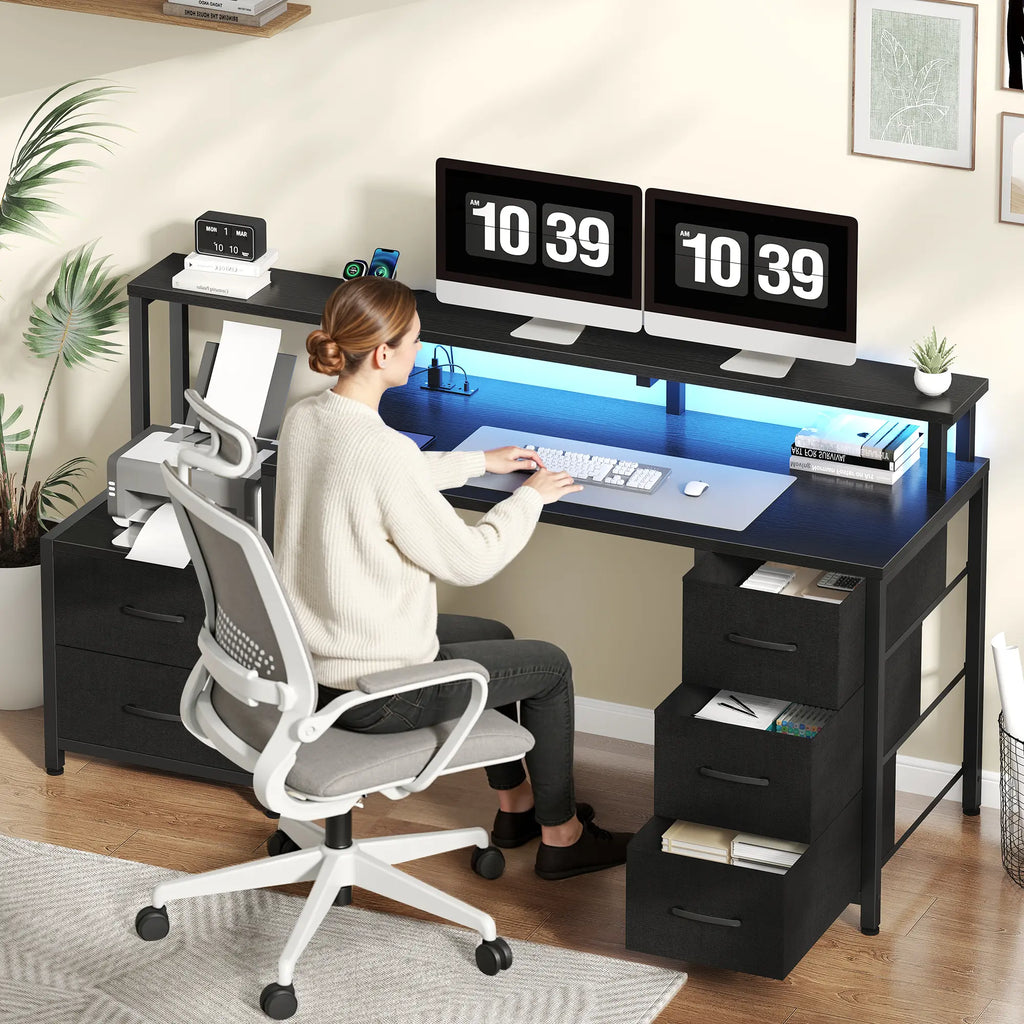 67'' Computer Desk with 4 Drawer, Printer Cabinet and Power Outlet