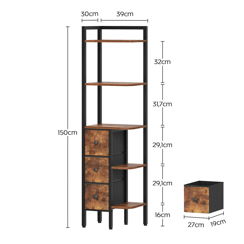 YATINEY Corner Shelf Stand, 5-Tier Corner Bookshelf with 3 Drawers, Industrial Display Shelf for Narrow Spaces, Wooden Small Bookcase, Easy Assembly, Rustic Brown and Black #Summervibes