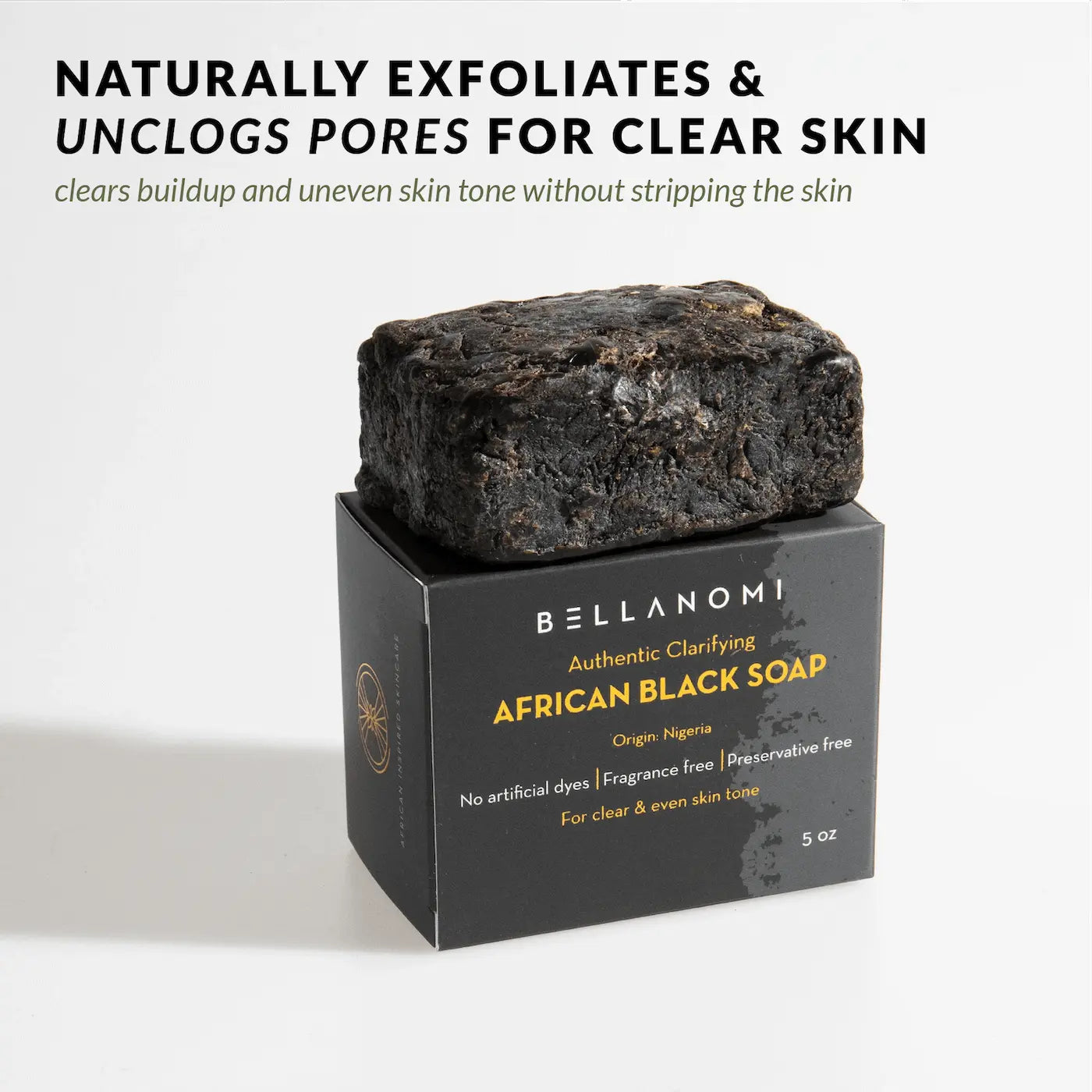 Bellanomi Authentic Clarifying African Black Soap from Nigeria - Organic Antibacterial Exfoliant for Oily & Sensitive Skin - Fragrance-Free Cleanser