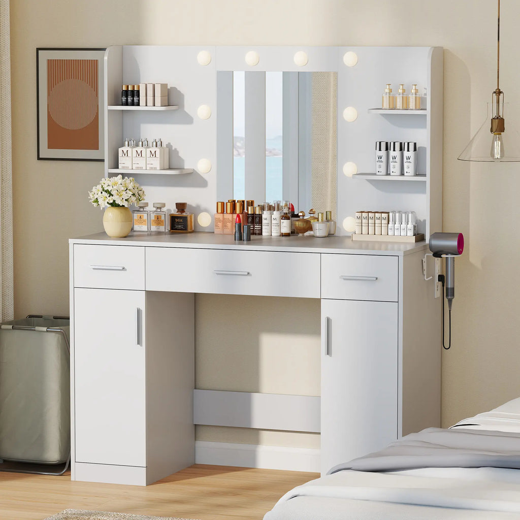 Vanity Table Set - Dresser with Lighted Mirror, Power Outlet, Drawers and Shelves, Cabinet & Hair Dryer Holder for Bedroom Girls