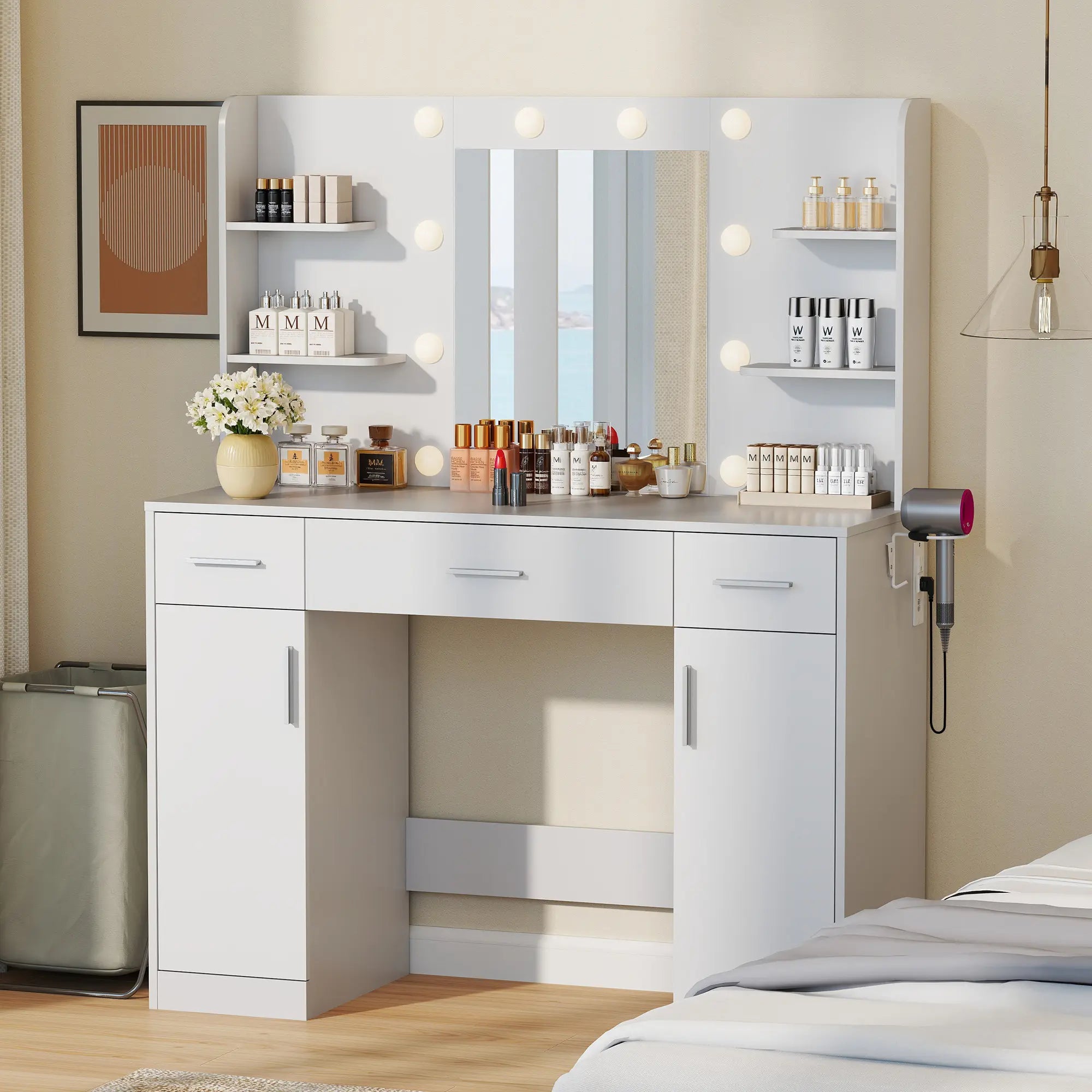 Vanity Table Set - Dresser with Lighted Mirror, Power Outlet, Drawers and Shelves, Cabinet & Hair Dryer Holder for Bedroom Girls