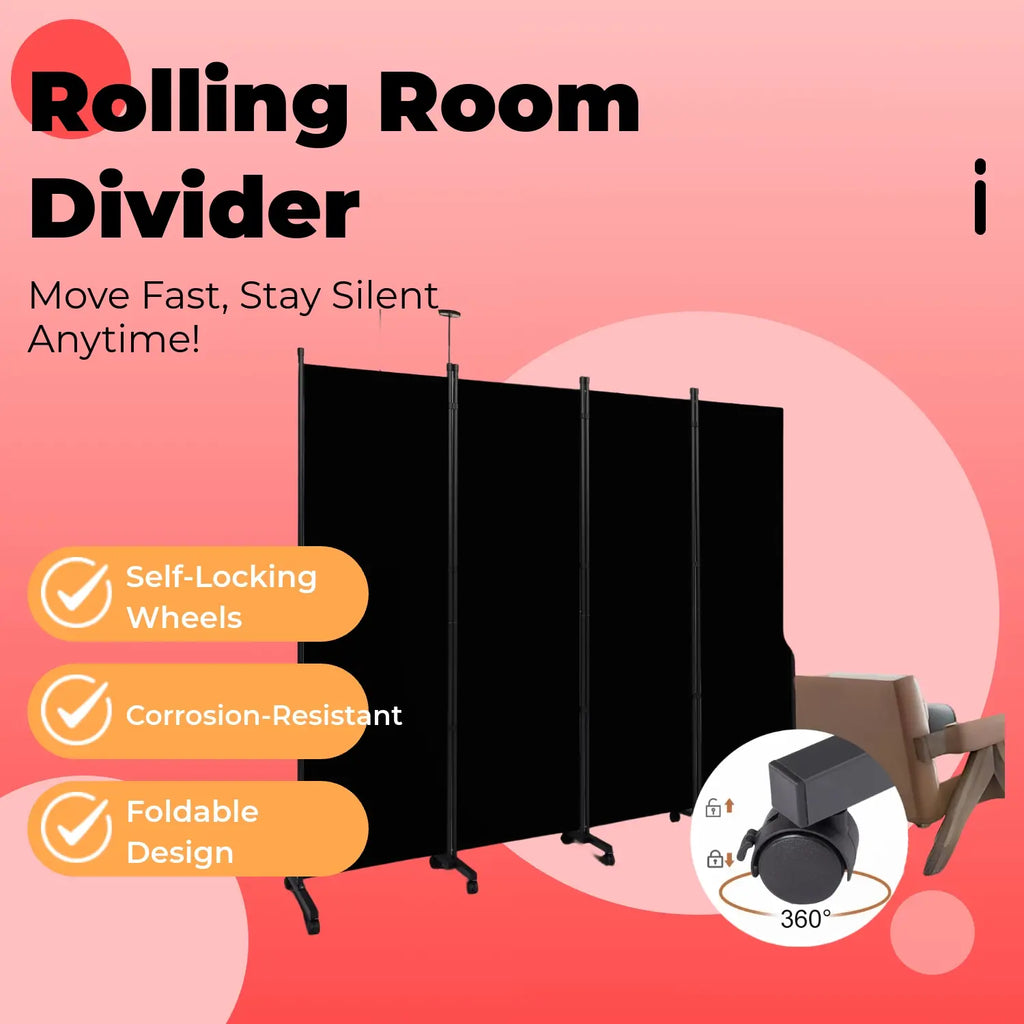 Portable Room Divider - 4 Panel Folding Privacy Screens | Freestanding Fabric Room Divider with Wheels for Home, Office & Hospital - Versatile Partition for Room Separation Furniture Interior