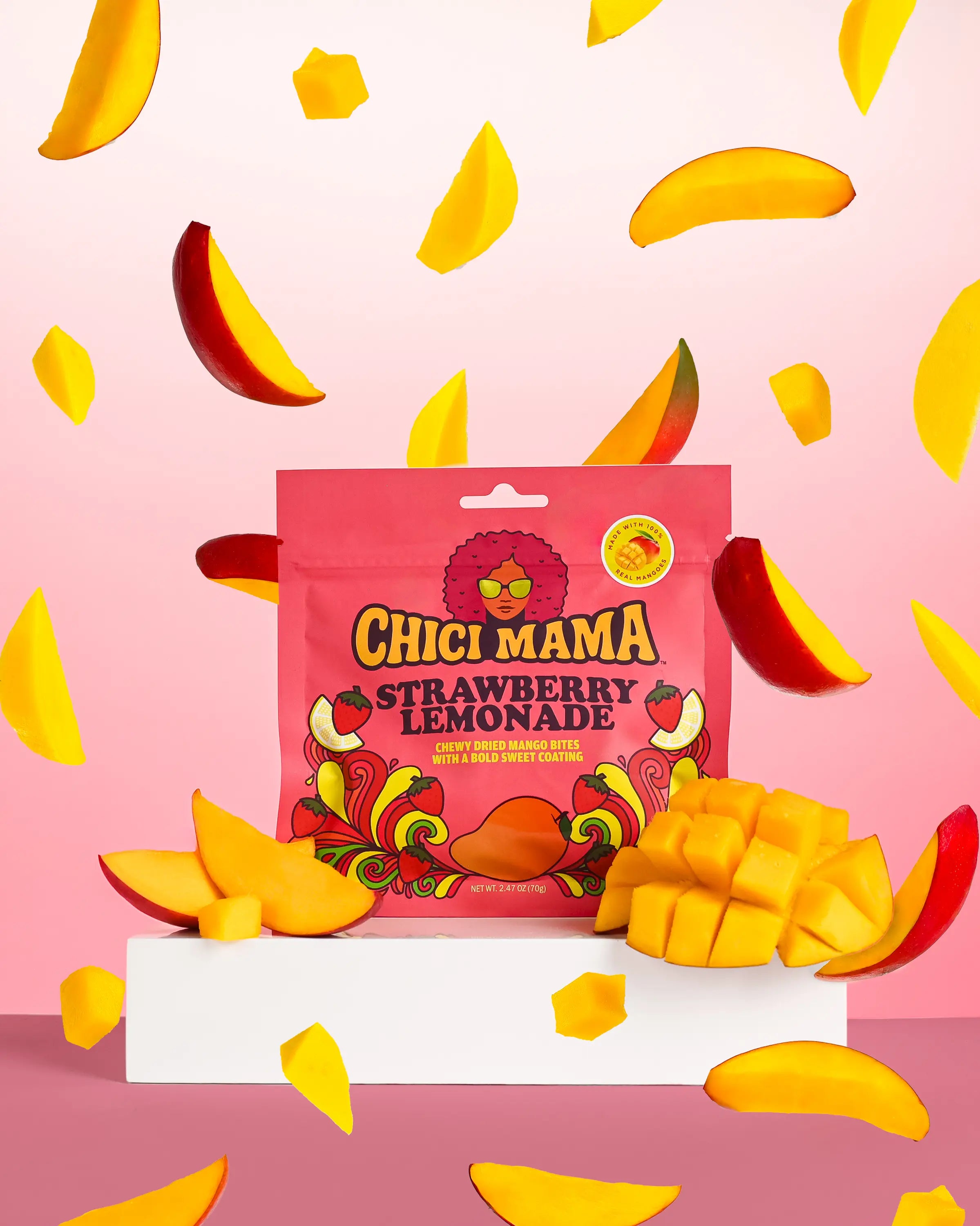 Chici Mama Strawberry Lemonade Dried Mango Snack | Sweet & Spicy Dried Mango | Better-For-You Sweet Treat | Made from 100% Real Mangoes