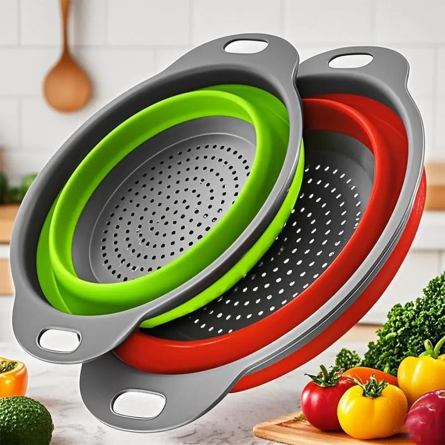 Foldable Tpr Colander Set, Kitchen Strainer Set, Kitchen Fruit and Vegetable Drying Rack, Pasta Drainer, Wash Bowl for Fruits Vegetables Noodles, Water Filter Tray