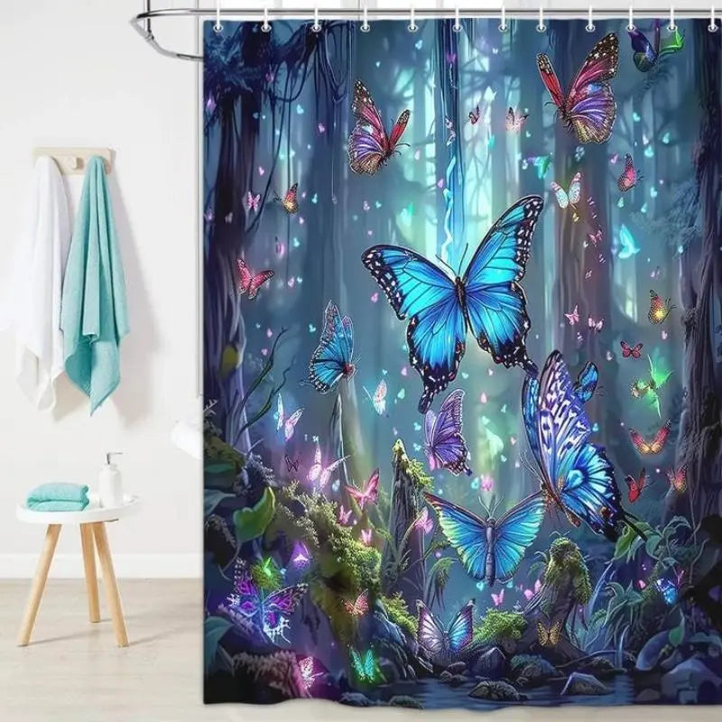 Butterfly Pattern Shower Curtain, 1 Count Waterproof Bathroom Curtain with 12Pcs Hooks, Bathroom Decor Supplies for Home Hotel Salon, Bathroom Decoration Accessories, Bathroom Accessory