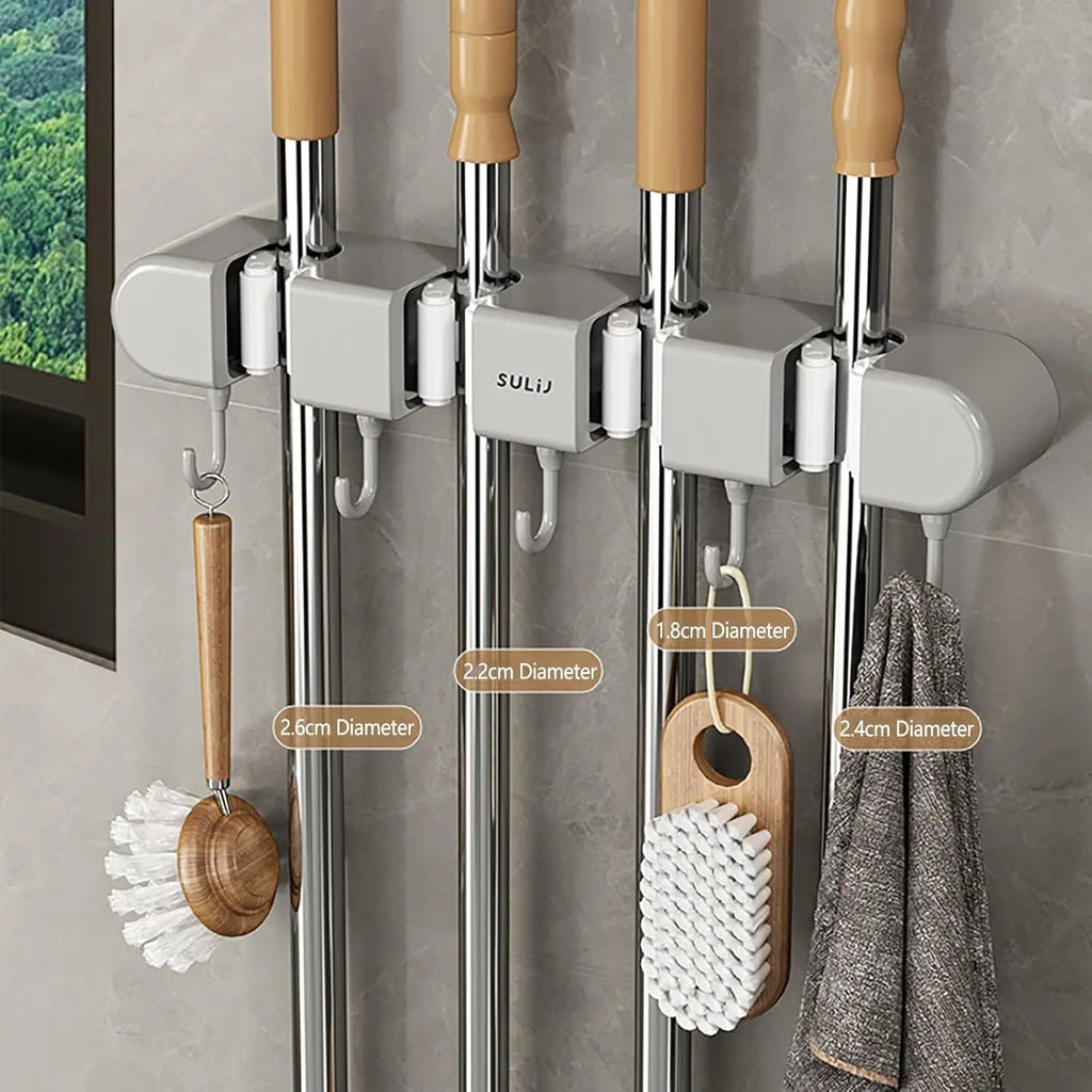 Multifunctional Mop Holder with Hook, Broom Mop Holder with 4 Racks 5 Hooks, Heavy Duty Mop Holder, Self Adhesive Mop Holder Wall Mounted, Broom Holder Wall Mount for Kitchen, Bathroom, Closet