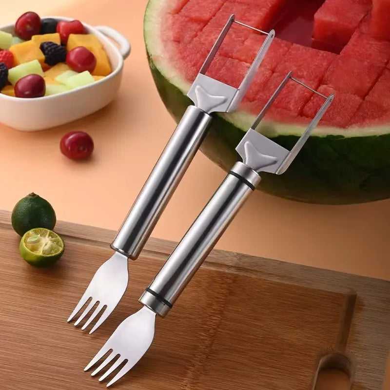 【2 Pack】Watermelon Fork Slicer,Watermelon Cubecutter Tool, 2-In-1 Stainless Steel Fruit Cutter, Dualhead Fruit Forks Slicer Knife with round Handle,Fruitcutting Kitchen Utensils,Portable Modern #Summervibes