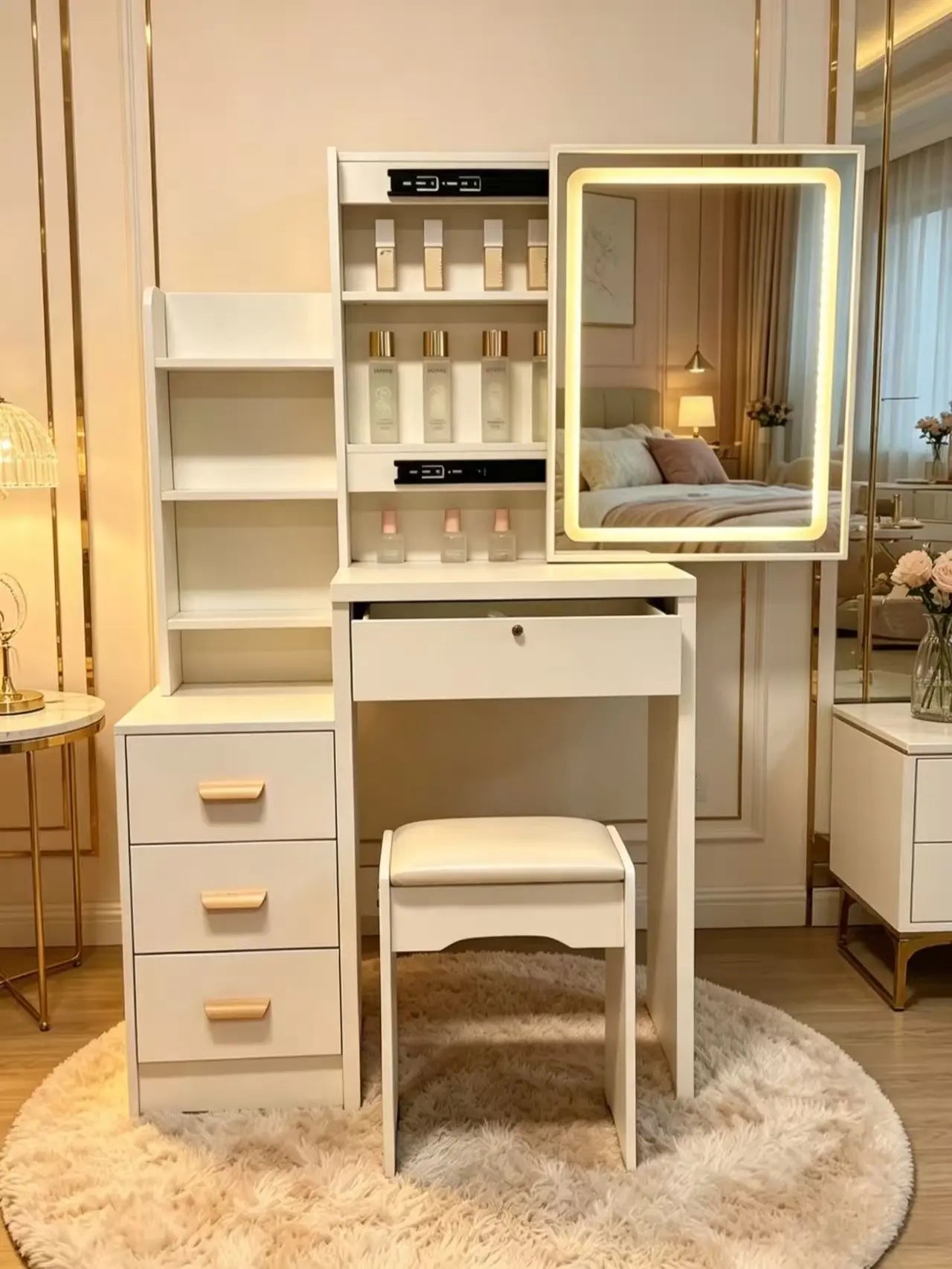 Space-Saving Vanity Table with LED Mirror & Storage Cabinet – All-In-One Beauty Station