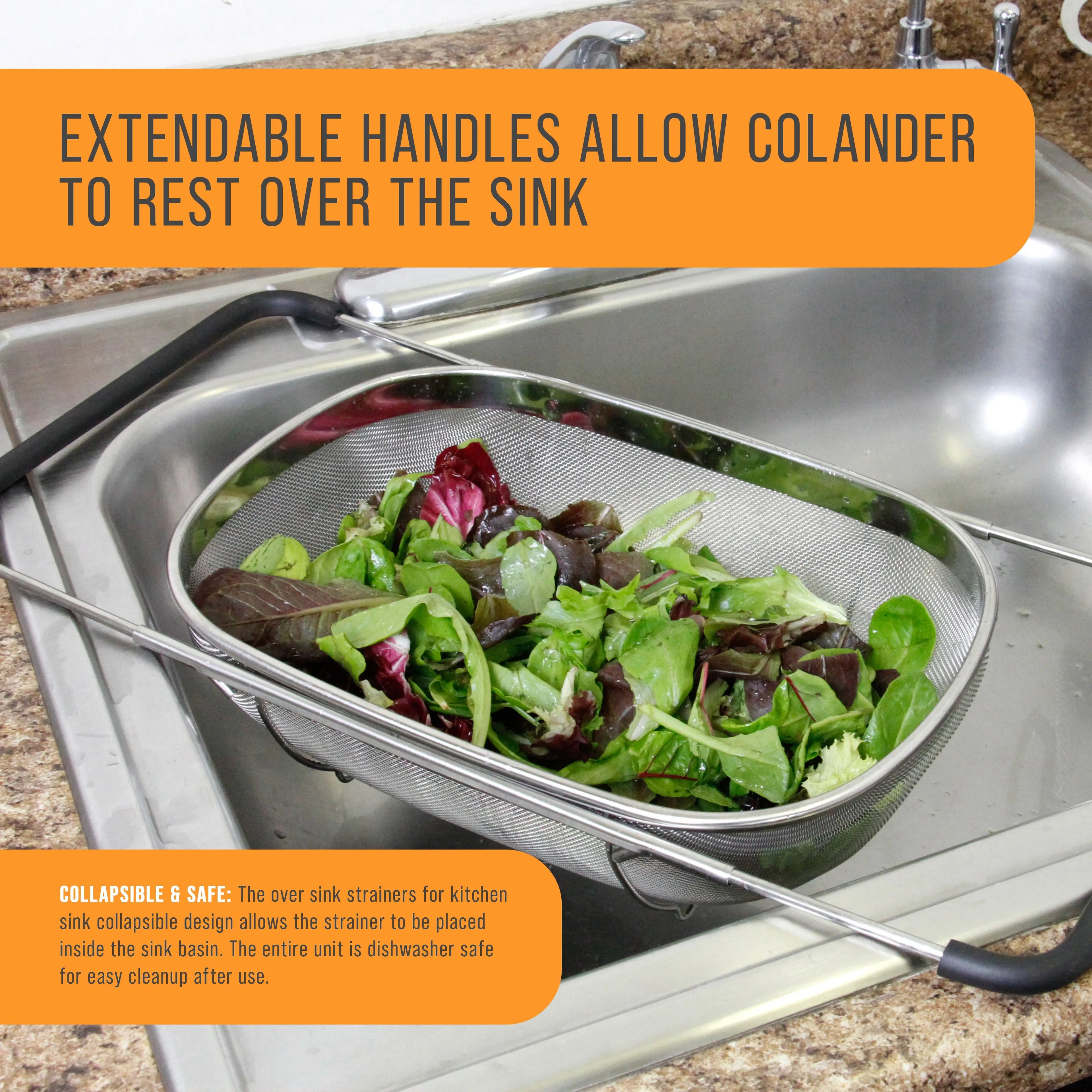 U.S. Kitchen Supply Stainless Steel Colander Strainer - 6-Quart Collapsible Colander with Expandable Rubber Handles - Rectangular Sieve, Fine Mesh Stainless Steel Strainers and Colanders for Kitchen