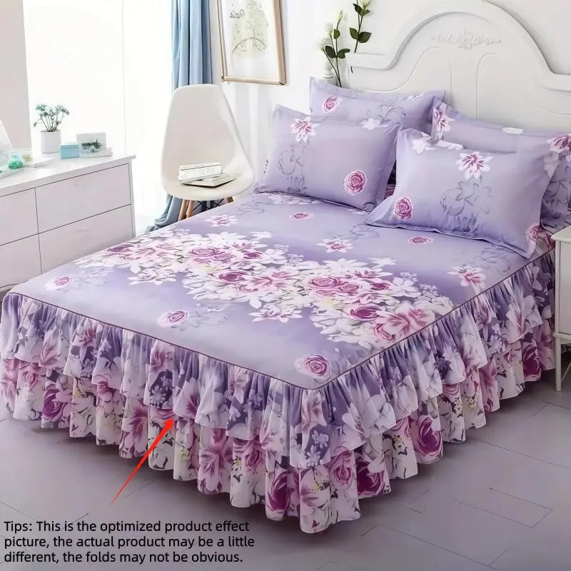 Floral Print Ruffled Edge Bed Skirt Set, 3-Count Set Including 1 Bed Skirt and 2 Pillowcases without Filler, Comfortable Bedding Set for Home Bedroom