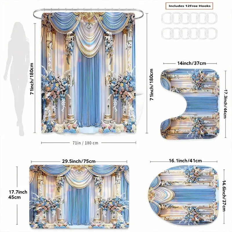 1/4 Pcs Elegant Floral Pattern Bathroom Curtain Set, Festive Design, Non-Slip Floor Mat, U-Shaped Rug, Toilet Seat Cover, Perfect for Bathroom Decoration, Partition, Beautify the Space, 12 Free Shower Curtain Hooks, Bathroom Decoration Accessories