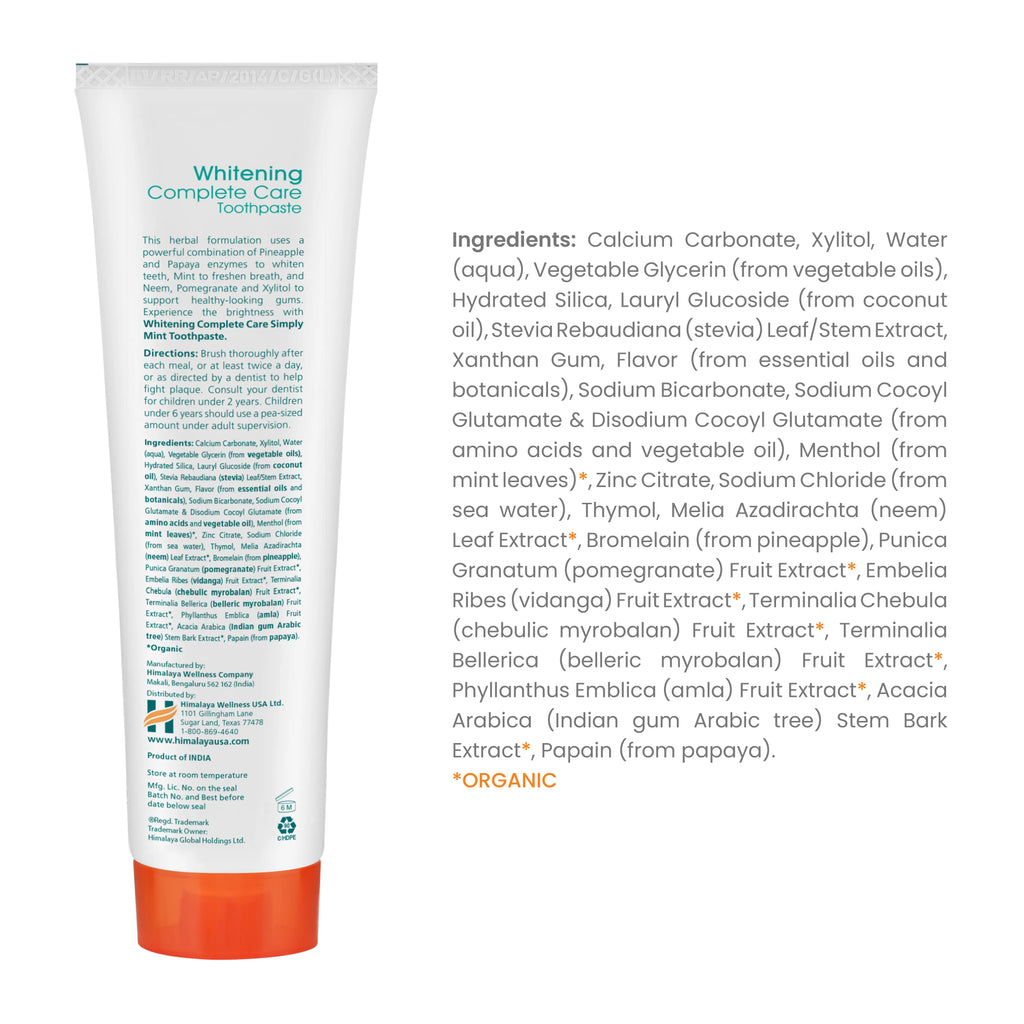 Himalaya Botanique Complete Care Whitening Toothpaste, Simply Mint, for a Clean Mouth, Whiter Teeth and Fresh Breath, 5.29 Oz