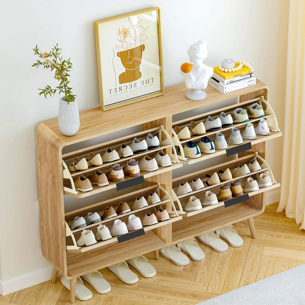 Giratree 47" Fluted Large Shoe Cabinet with 4 Flip Drawers, Slim Freestanding Shoe Cabinet Organizer, Narrow Shoes Storage Rack for Entryway, 5 Sturdy Legs