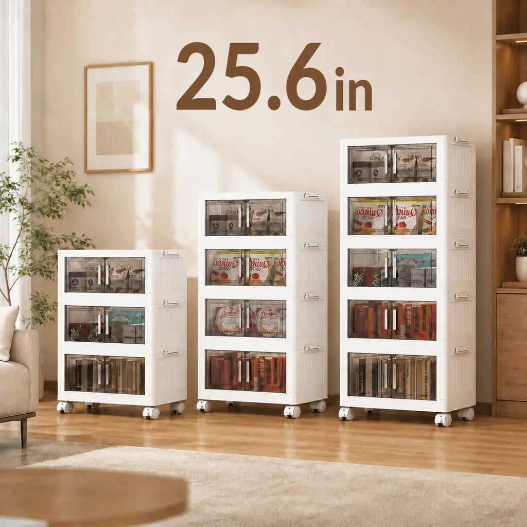Naviconvex 400QT / 600QT / 750QT XXXXL Extra Large Foldable Storage Cabinet with Magnetic Doors & Wheels – 25.6In / 29.5In / 34.7In Width, 3/4/5 Tier Stackable Plastic Organizer for Kitchen, Bathroom, Bedroom & Closet, Closet Organizati
