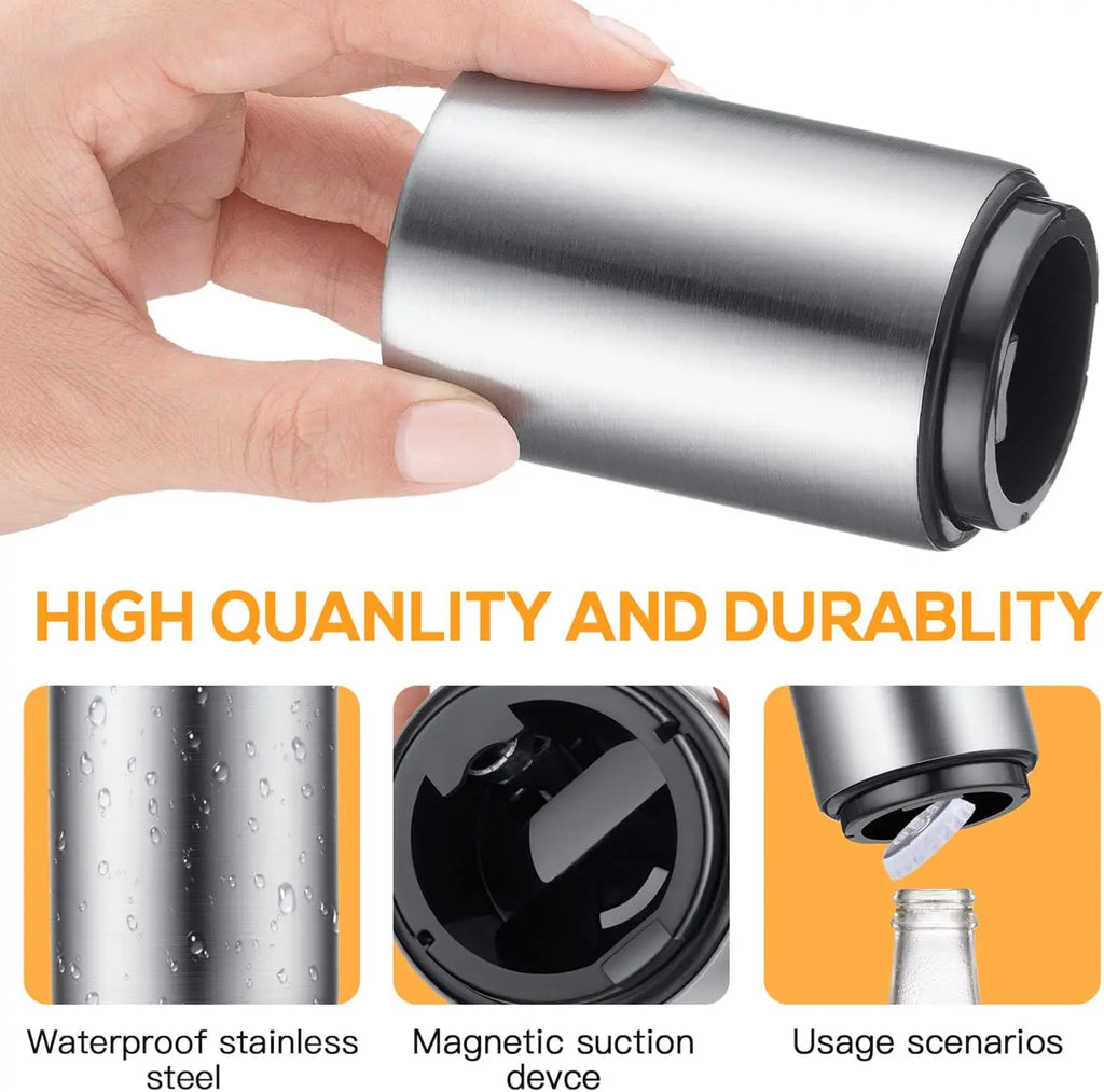 【Summervibes】 Premium Beer Bottle Opener (Silver), 1 PC Stainless Steel Automatic Push down No Damage Quick to Open Small Portable Bottle Cap Openers for Home Bars Picnic Camping Hiking