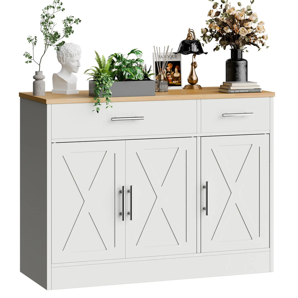 Walsunny Farmhouse Sideboard Buffet Cabinet with Storage with 3 Doors & 2 Drawers, Barn Doors Entryway Buffet Cabinet with Storage, Adjustable Metal Kitchen Cabinet,White