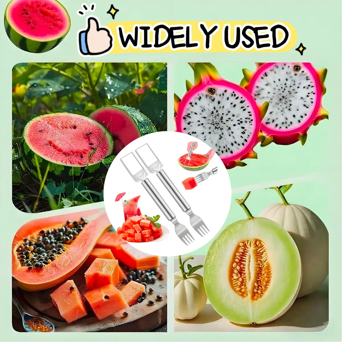 【2 Pack】Watermelon Fork Slicer Cutter Slicer Tool, 2-In-1 Stainless Steel Fruit Cutter, Dual Head Fruit Forks Slicer Knife with round Handle Fruit Cutting Kitchen Utensils
