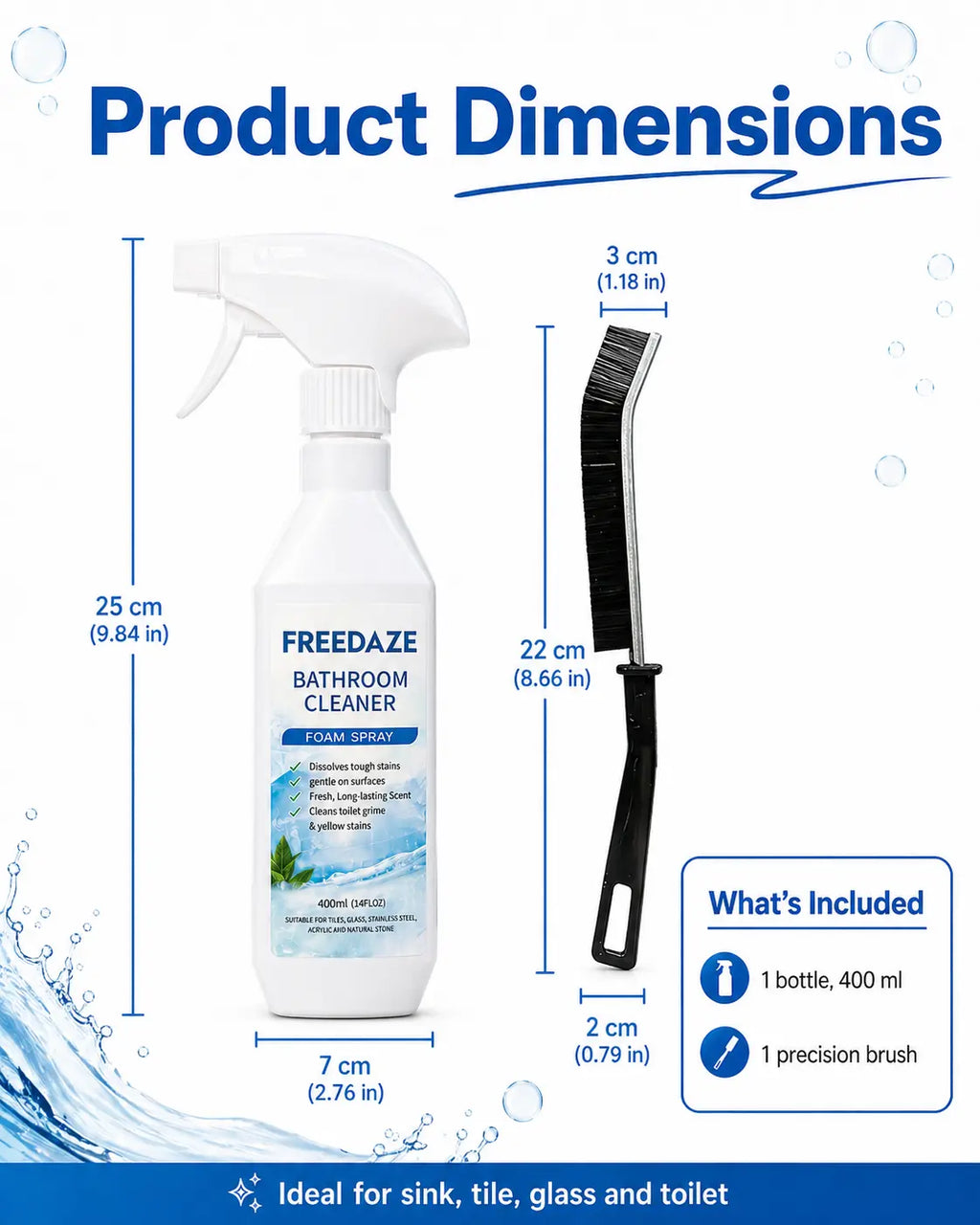 FREEDAZE Hard Water Stain Remover & Soap Scum Cleaner for Shower Glass, Bathtub & Tile - Bathroom Cleaning Spray with Brush | Heavy Duty Grout Cleaner