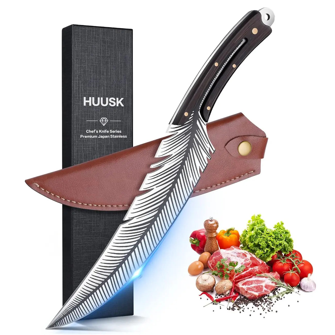 Huusk Professional Chef Knife-Hand-Forged High Carbon Steel Boning Knife, Sharp Feather Blade for Meat, Steak & Pineapple with Wooden Handle & Sheath– Perfect Father'S Day Gift!