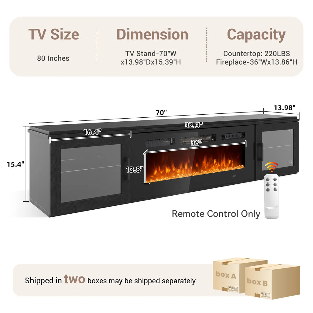 【2 Packages Shipping】Aoxun 70" Floating TV Stand with 36" Electric Fireplace, Wall Mounted Fireplace Entertainment Center with Storage, Fire Place TV Console for Living Room, All Black, Modern Tv Stand, Drawers Tv Stand Farmhouse Tv Cabinet Tv Shelf