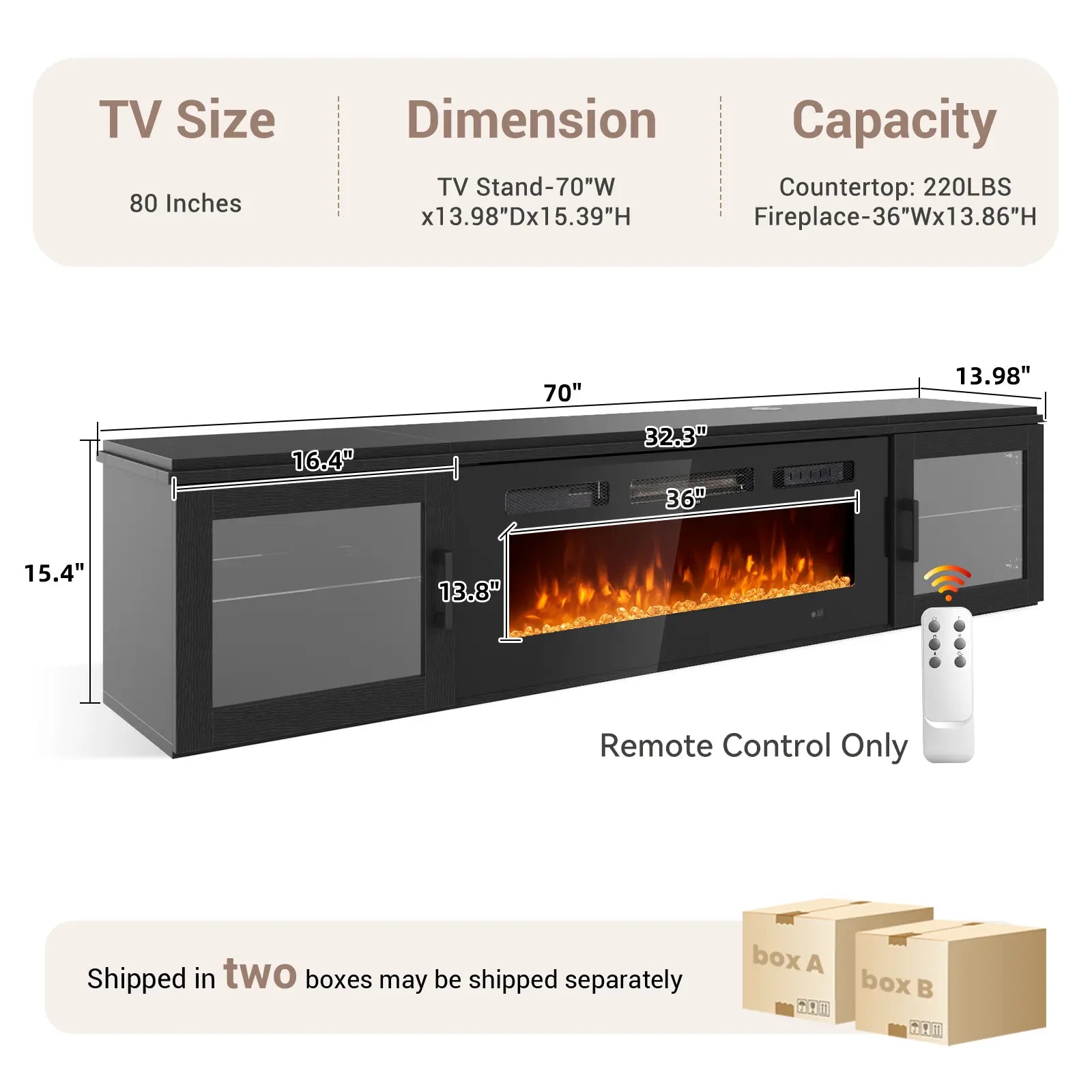 【2 Packages Shipping】Aoxun 70" Floating TV Stand with 36" Electric Fireplace, Wall Mounted Fireplace Entertainment Center with Storage, Fire Place TV Console for Living Room, All Black, Modern Tv Stand, Drawers Tv Stand Farmhouse Tv Cabinet Tv Shelf