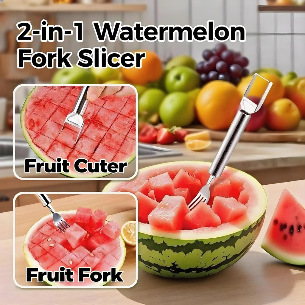 【2 Pack】Watermelon Fork Slicer Cutter Slicer Tool, 2-In-1 Stainless Steel Fruit Cutter, Dual Head Fruit Forks Slicer Knife with round Handle Fruit Cutting Kitchen Utensils