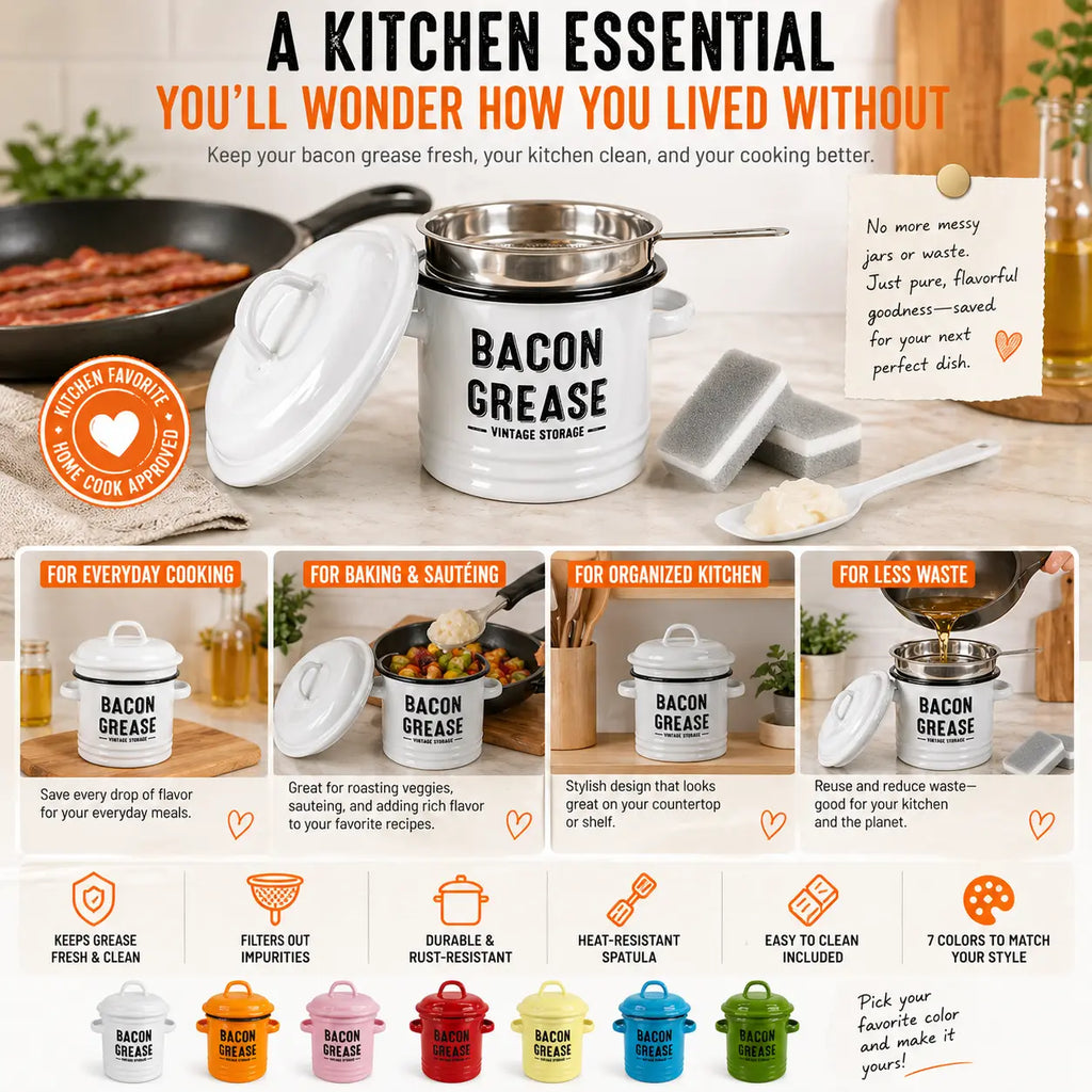 Rustic Farmhouse Enamel Bacon Grease Container - Large Enamel Grease Saver Strainer for Efficient Kitchen Use with Fine Mesh Strainer and Food-Grade Silicone Spatula, 46Oz Retro Farmhouse Style Large Enamel Oil Keeper, Dishwasher Safe Kitchen Utensil Tikt