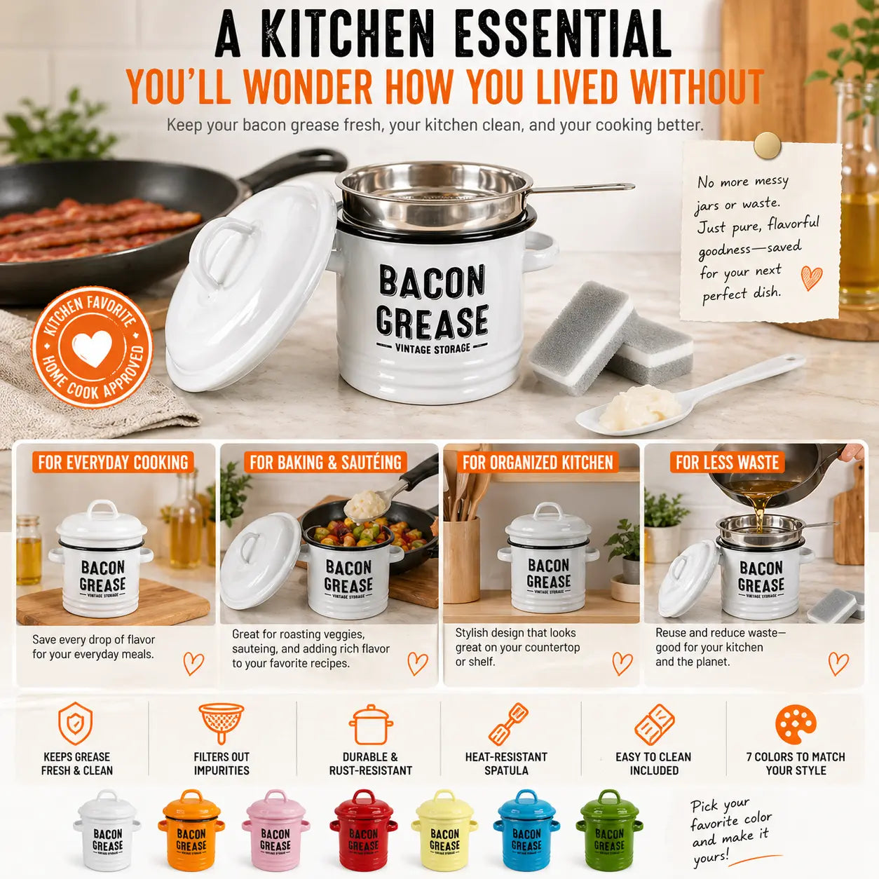 Rustic Farmhouse Enamel Bacon Grease Container - Large Enamel Grease Saver Strainer for Efficient Kitchen Use with Fine Mesh Strainer and Food-Grade Silicone Spatula, 46Oz Retro Farmhouse Style Large Enamel Oil Keeper, Dishwasher Safe Kitchen Utensil Tikt