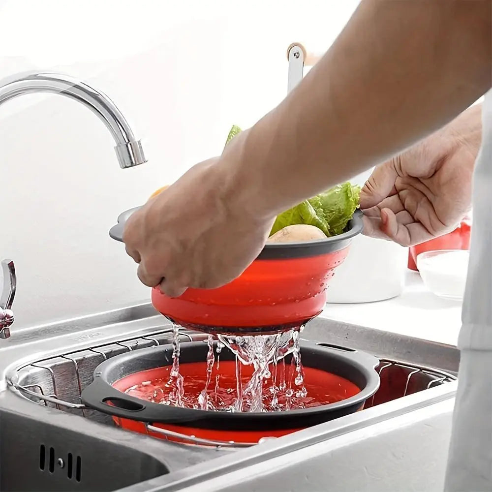 Foldable Tpr Colander Set, Kitchen Strainer Set, Kitchen Fruit and Vegetable Drying Rack, Pasta Drainer, Wash Bowl for Fruits Vegetables Noodles, Water Filter Tray
